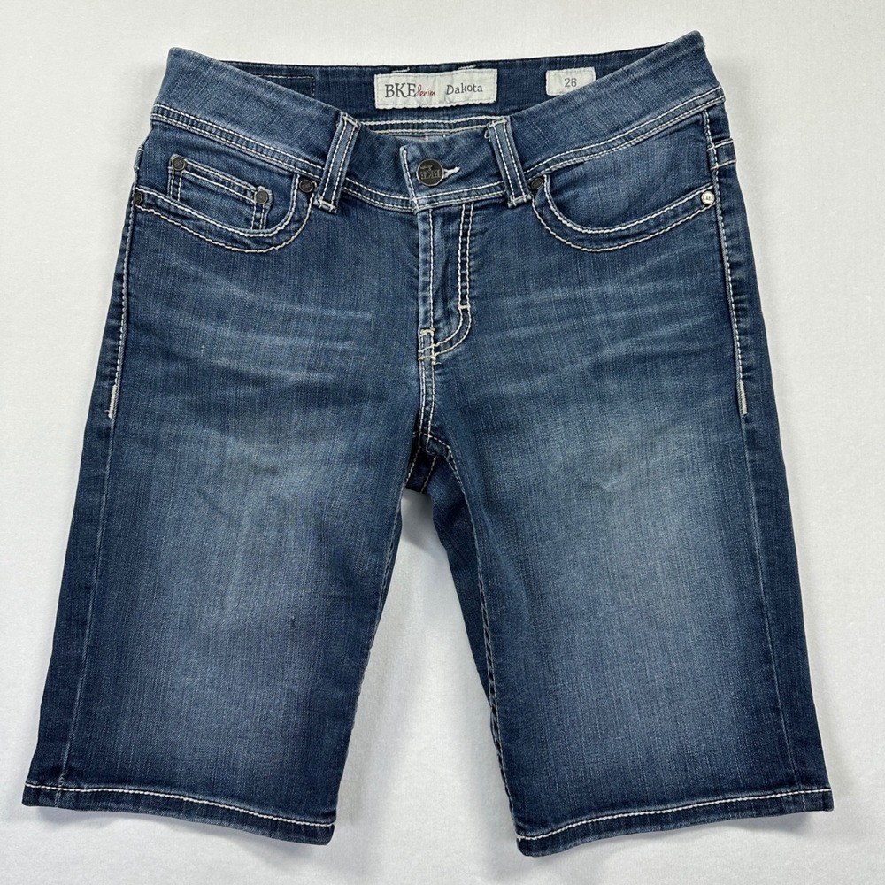 BKE Dakota Denim Shorts 28 Blue Bermuda Stretch Contrast Stitch Y2K Western